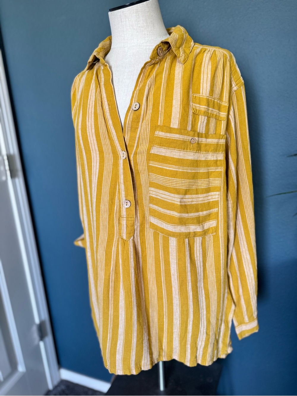 We The Free Mustard Yellow Striped Casual Button-Down Shirt